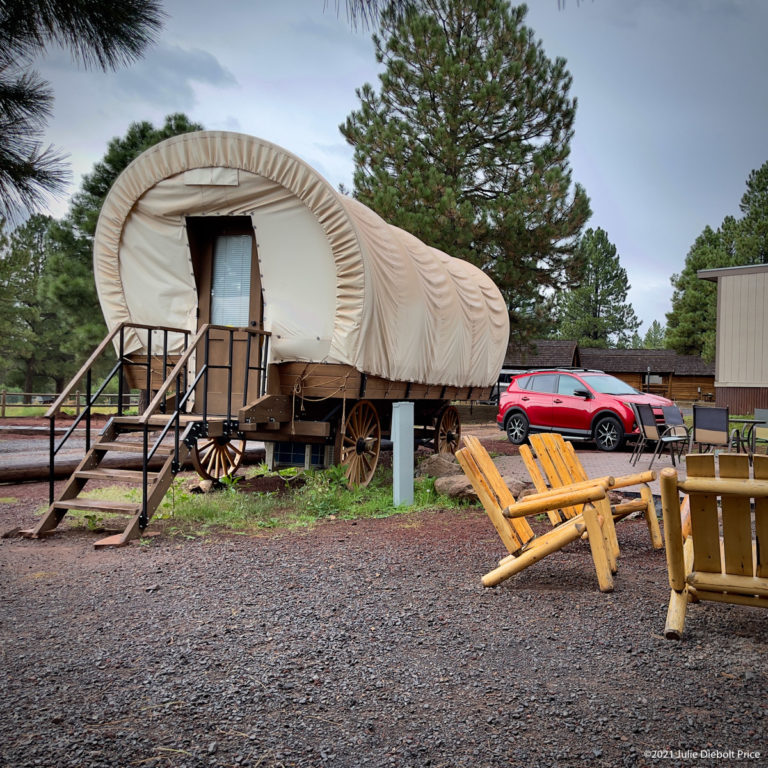 Glamping in covered wagon KOA campground Williams AZ