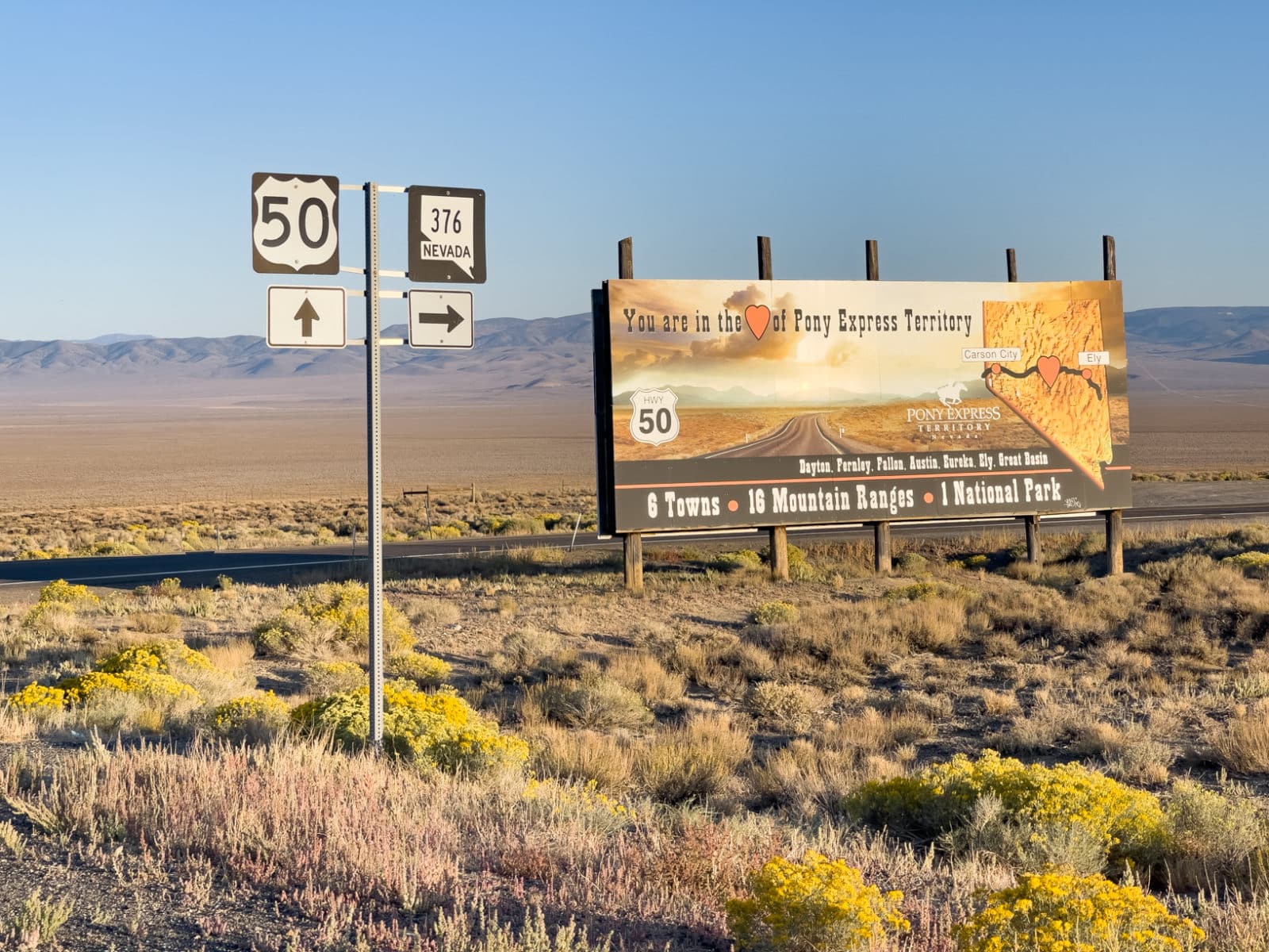 Travel writers suggest Highway 50 in Nevada - You are in the heart of Pony Express Territory billboard
