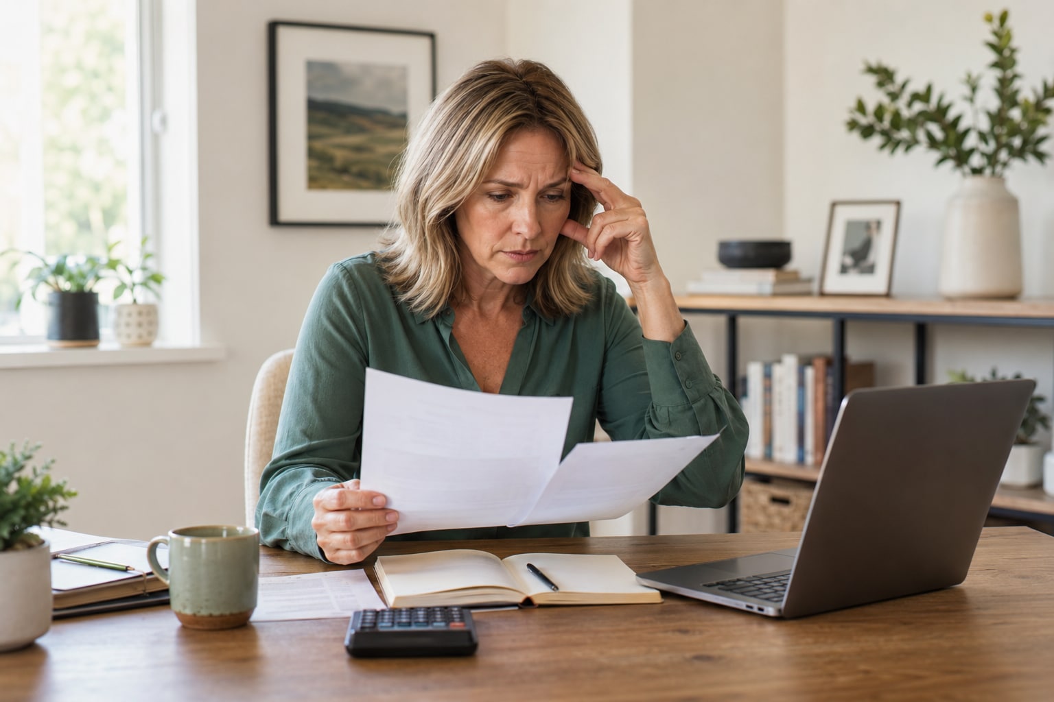 Woman looking worried as she looks at papers.