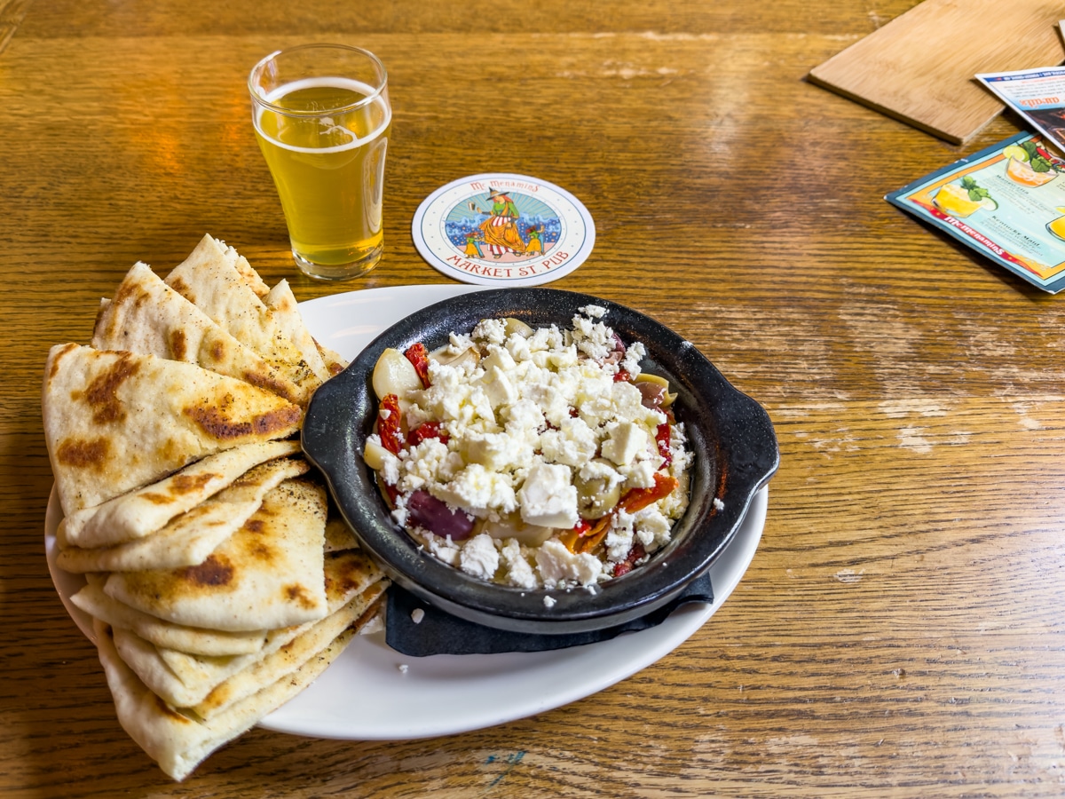 McMenamins Old St. Francis Theater hummus, pita bread, beer. Great place to eat and drink in Bend.