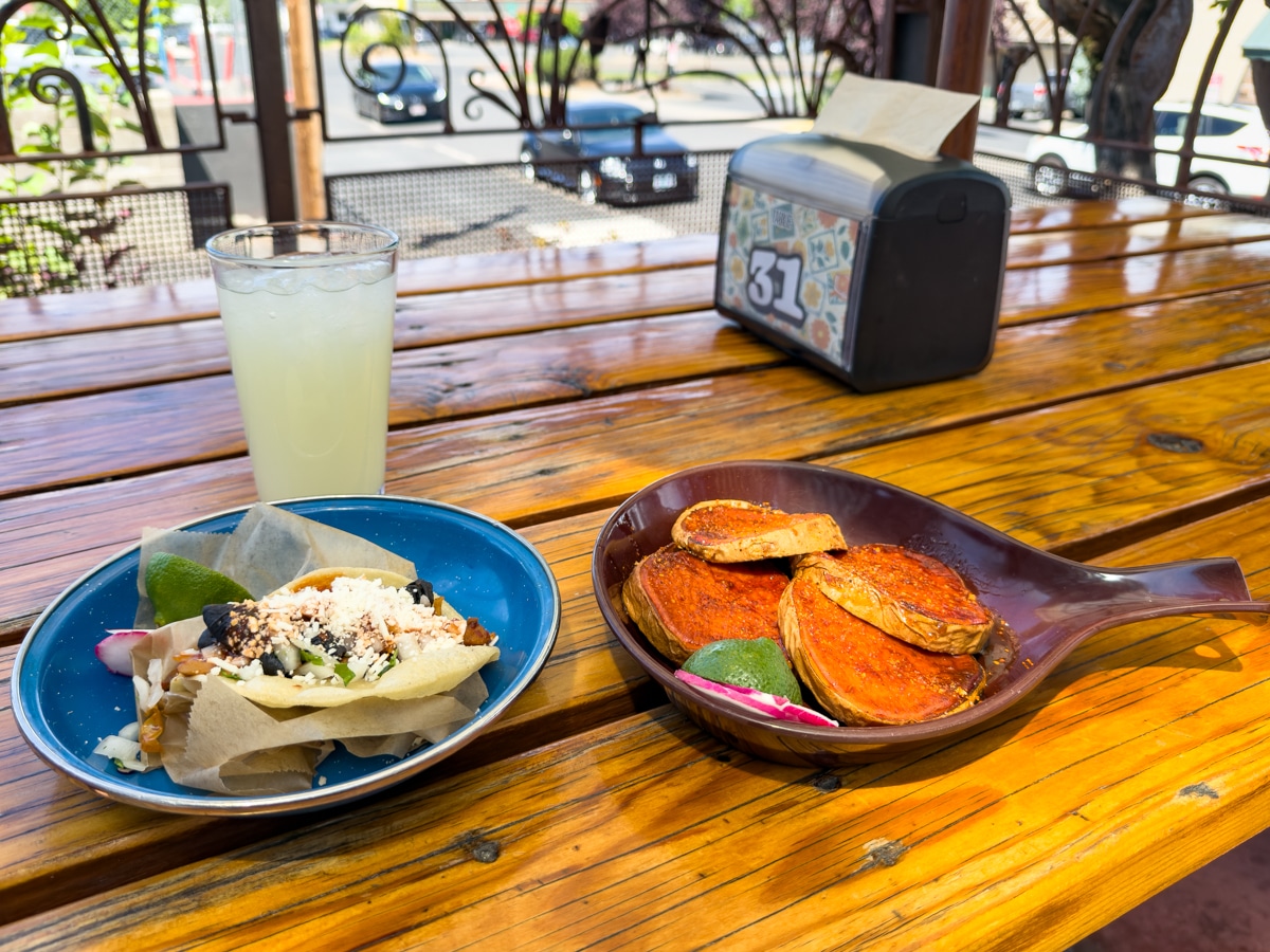 El Sancho Taco Shop mushroom taco, sweet yams, and limeade. Great place to eat and drink in Bend.